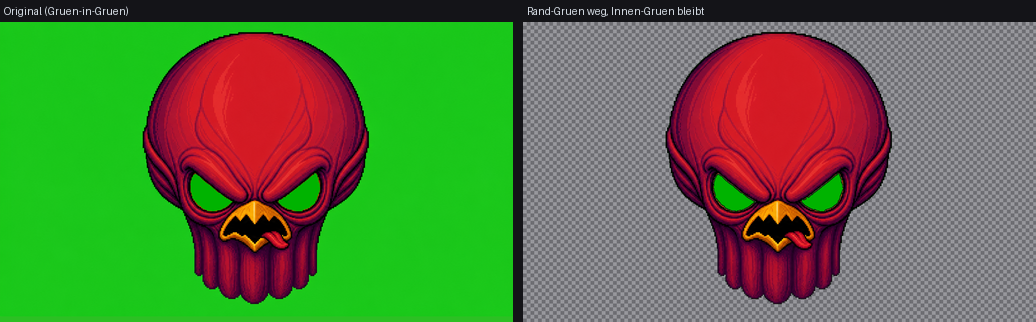 Green Sprite (hard): left green-on-green, right edge green removed, interior green stays.