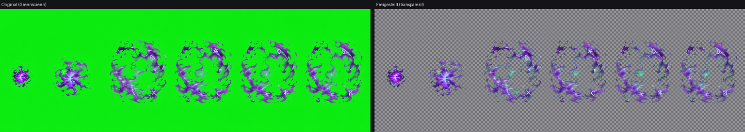 Green keying: left, sprites on a green screen; right, cut out onto a transparency checkerboard.