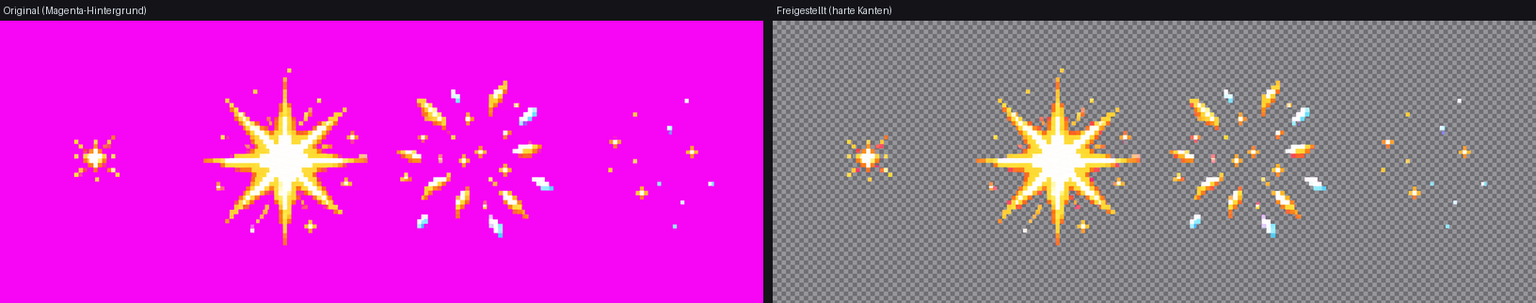 Magenta keying: left, subject on magenta; right, cut out (hard edges).