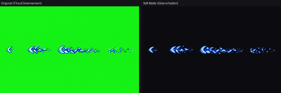 FX/Glow: left, translucent FX on a green screen; right, soft matte on a dark background with the glow preserved.