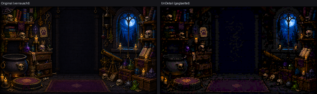 UnDetail: left, noisy detail art; right, smoothed/simplified block by block.