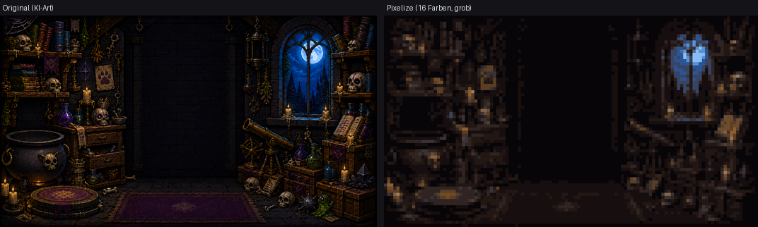 Pixelize: left, detailed AI art; right, reduced to coarse pixels + a 16-color palette.