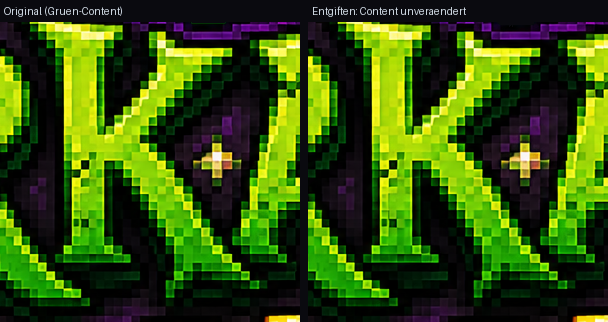 Zoom on green content (ARKANE lettering): Original | Detox — the content stays unchanged.