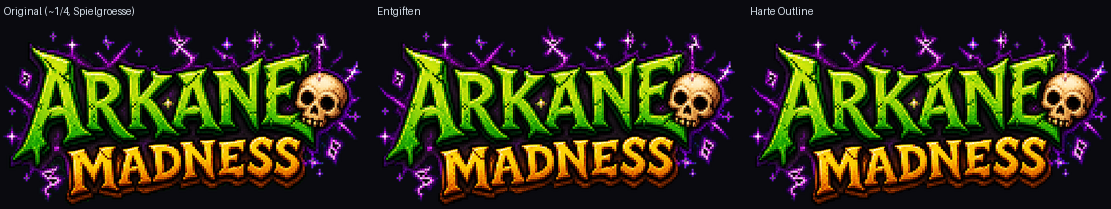 Whole logo at game size (~1/4) on a dark background: Original | Detox | Crisp Outline — at real display size the result is game-ready.