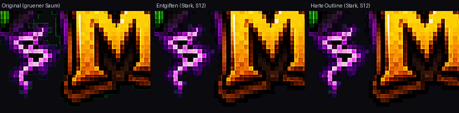 Zoom on the silhouette fringe (orange "M" + sparkle) on a dark background: Original (green fringe) | Detox | Crisp Outline — the green speckles and the frayed fringe vanish, orange/purple stay.